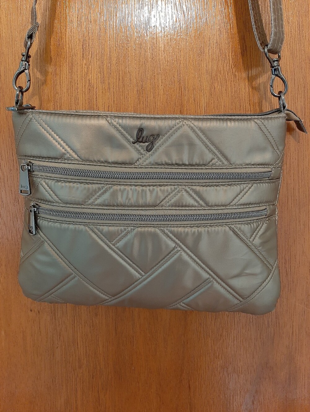 lug Dazzle Metallic Olive Green Shoulder Crossbody Zipper+ Pockets Purse Bag.